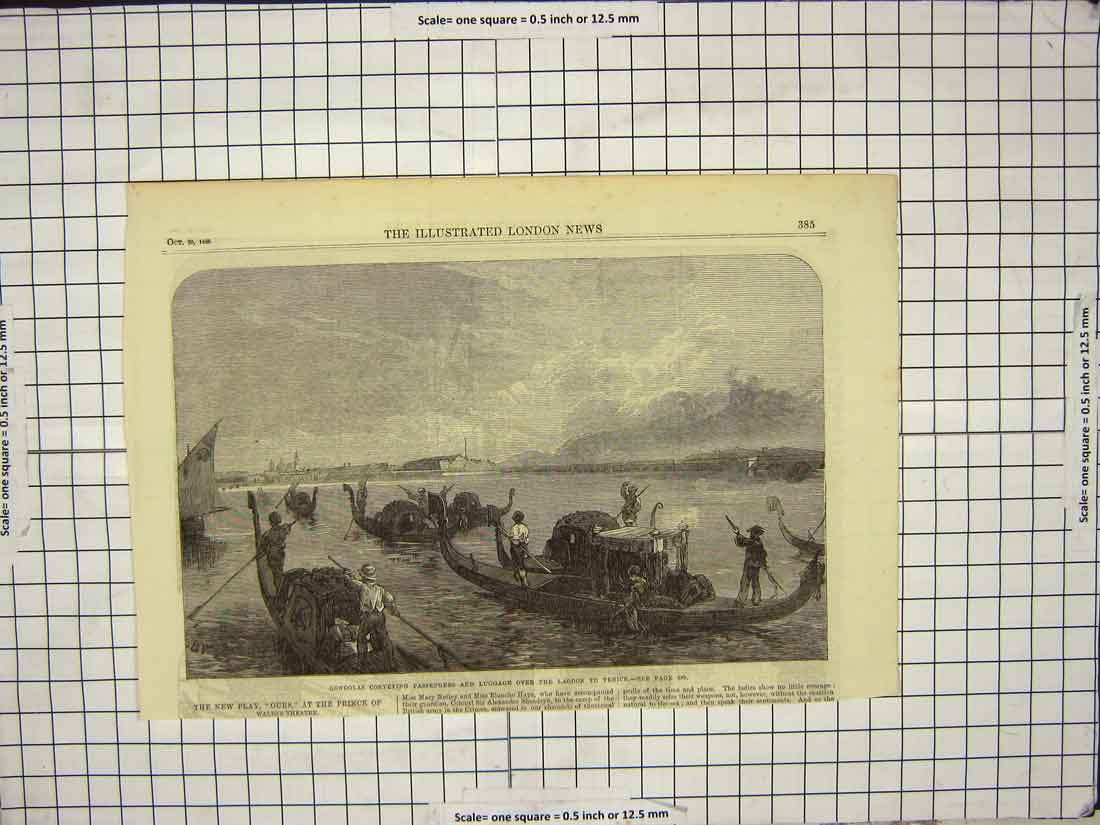 Original Old Antique Print 1866 Gondolas Conveying Passengers Lagoon Venice