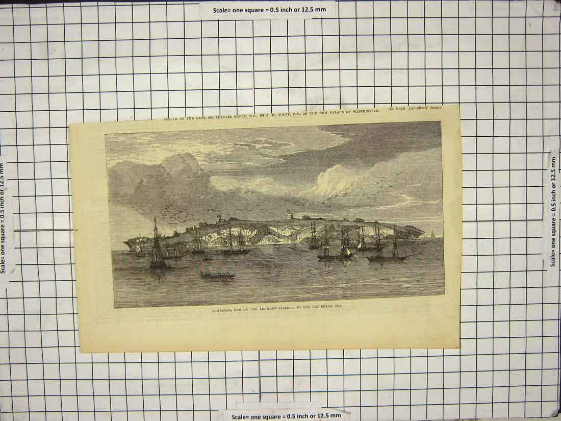 Original Old Antique Print Sombrero Leeward Islands Caribbean Sea Ships