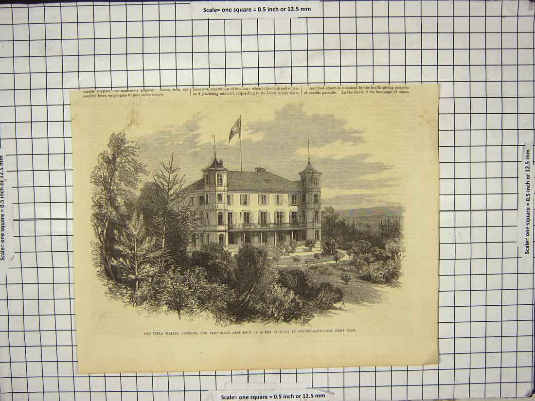 Original Old Antique Print Villa Wallis Lucerne Queen Victoria Switzerland