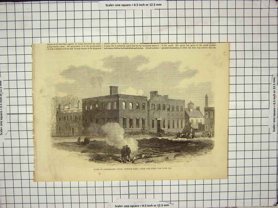 Original Old Antique Print Ruins Cumberland Lodge Windsor Park Fire Building