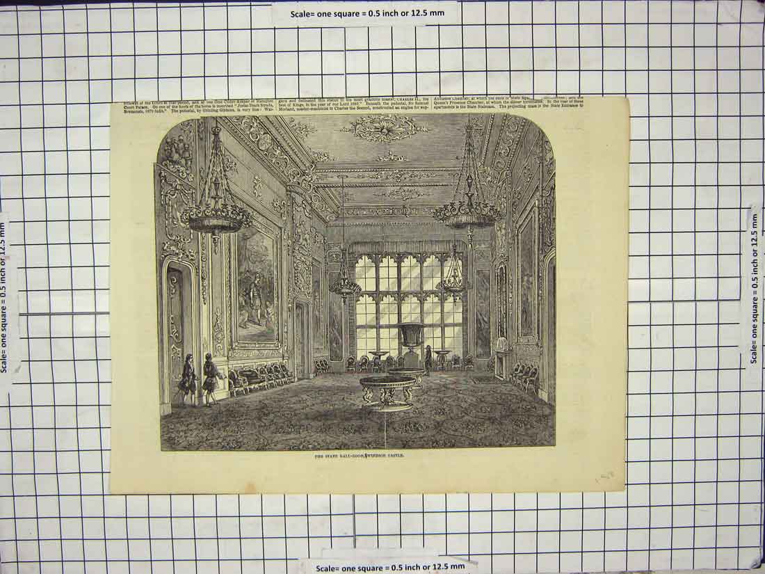Original Old Antique Print State Ball Room Windsor Castle London England