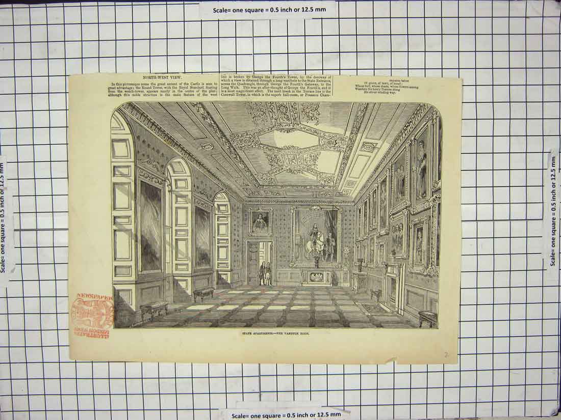 Original Old Antique Print State Apartments Windsor Castle London Vandyck Room
