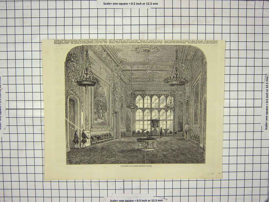 Original Old Antique Print State Ball Room Windsor Castle London England