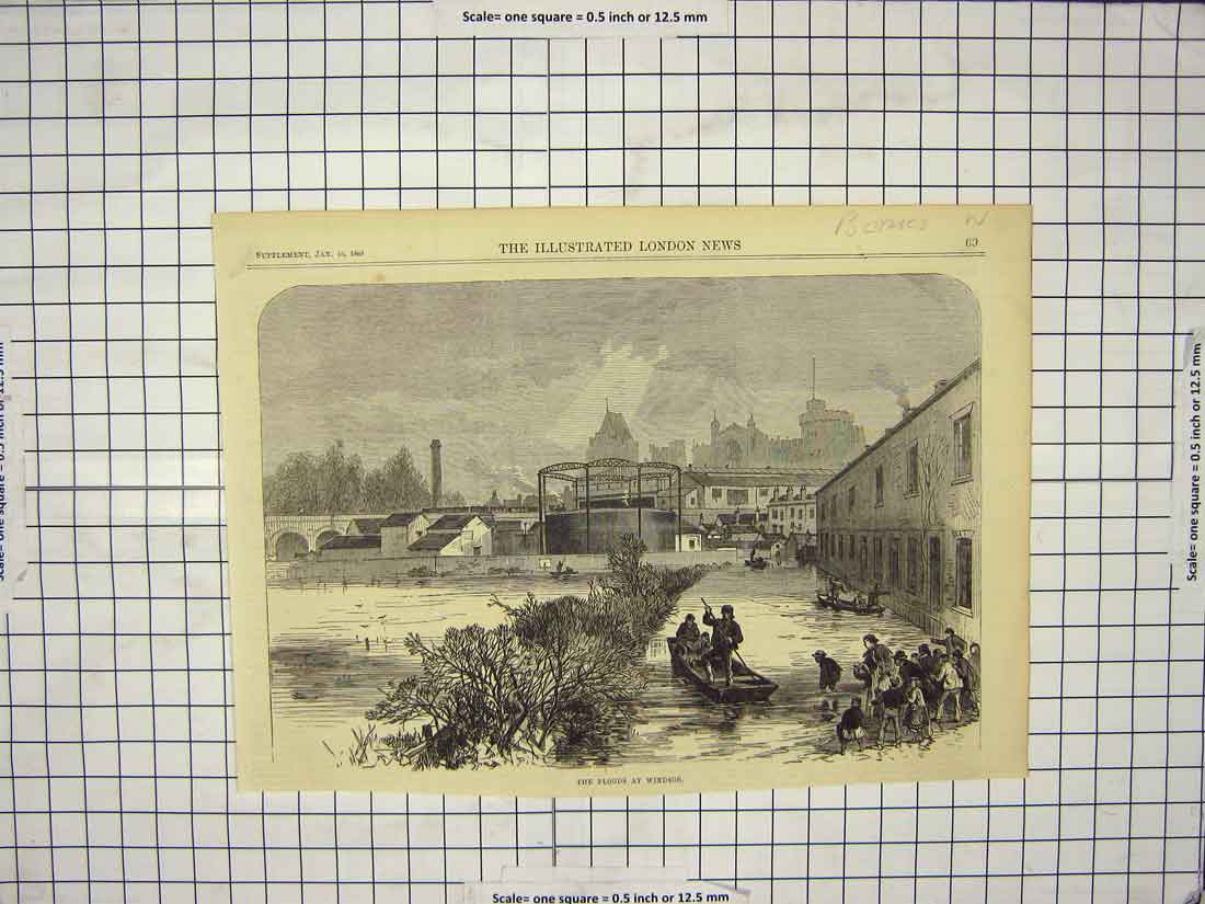 Original Old Antique Print 1869 Floods Windsor River Thames London England 19th