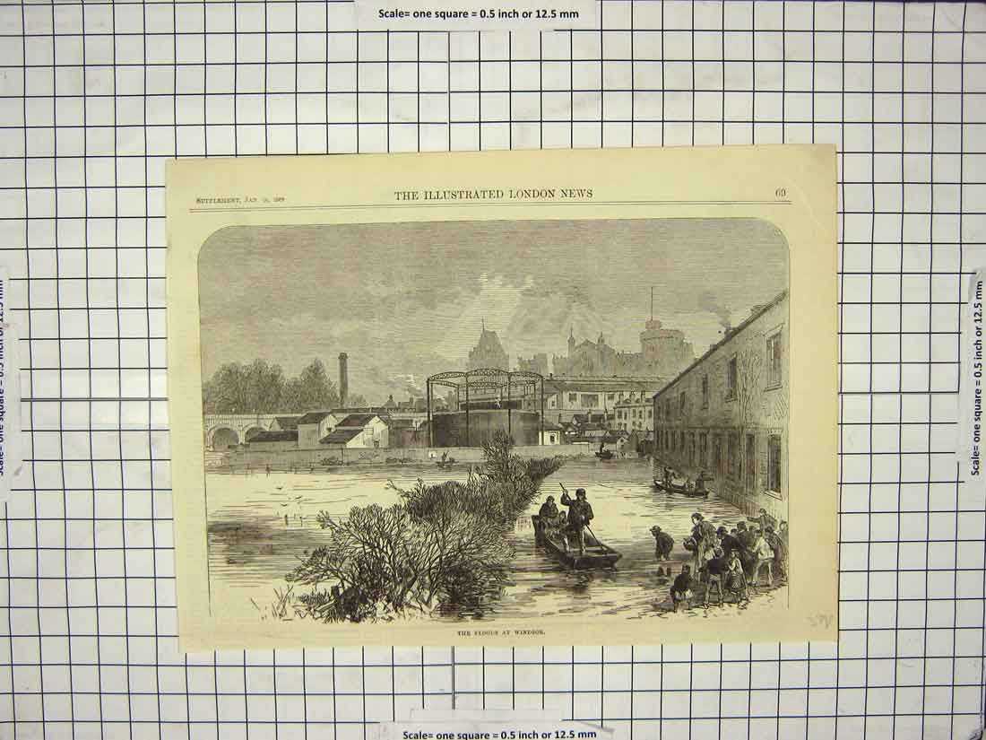 Old Antique Print 1869 Floods Windsor Castle River Thames London England 19th