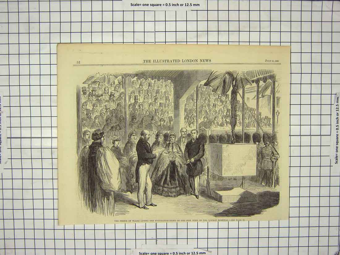 Original Old Antique Print 1864 Prince Wales Foundation Stone London Hospital