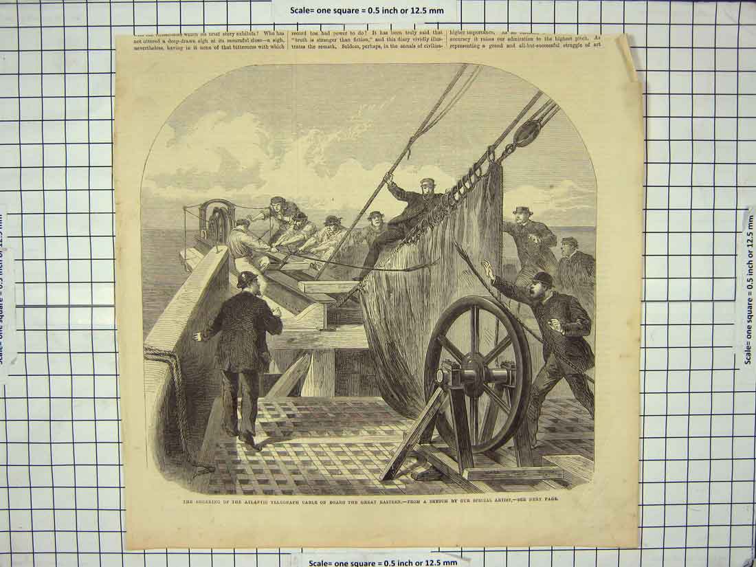 Original Old Antique Print Atlantic Telegraph Cable Deck Great Eastern Ship