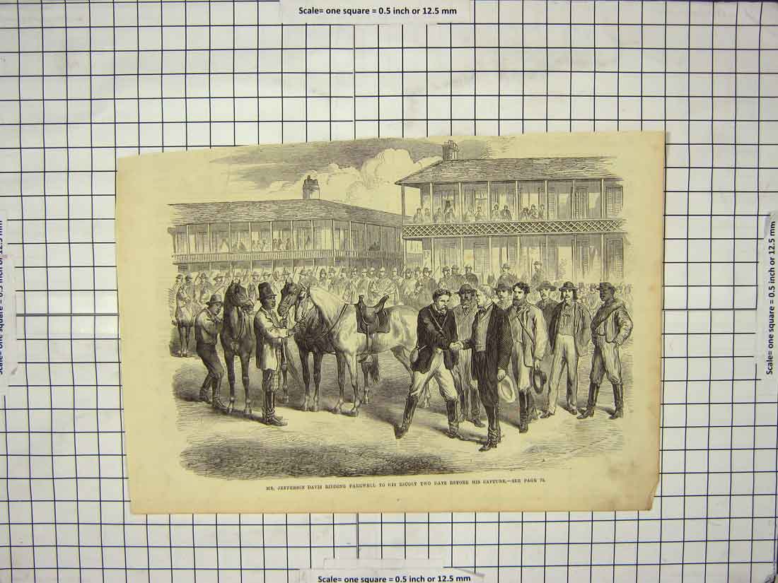 Original Old Antique Print Mr Jefferson Davis Scene Bidding Farewell Capture