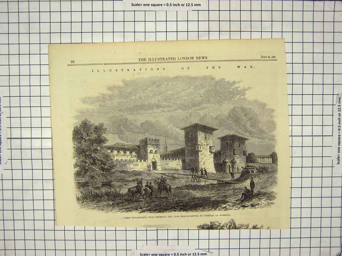 Original Old Antique Print 1866 War Torre Malamberti Cremona General Marmora