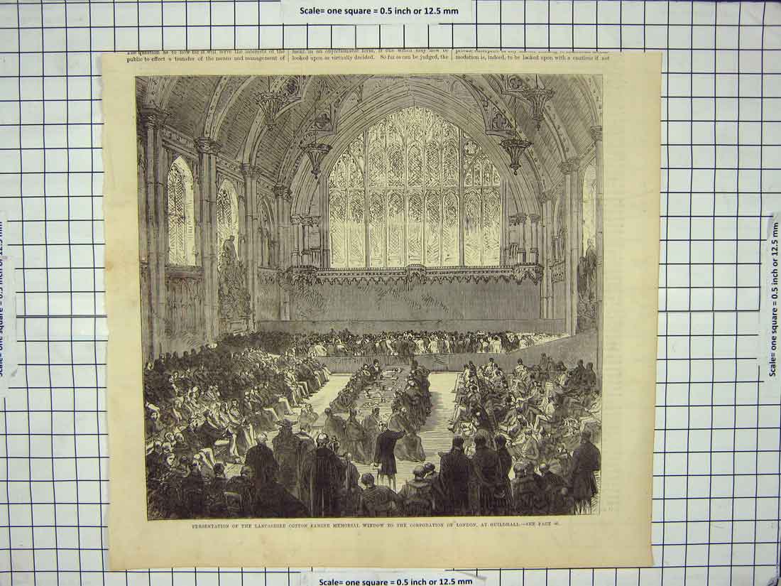 Original Old Antique Print Lancashire Cotton Famine Memorial Window Guildhall