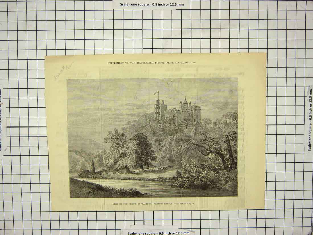 Original Old Antique Print 1879 Visit Prince Wales Dunster Castle River England