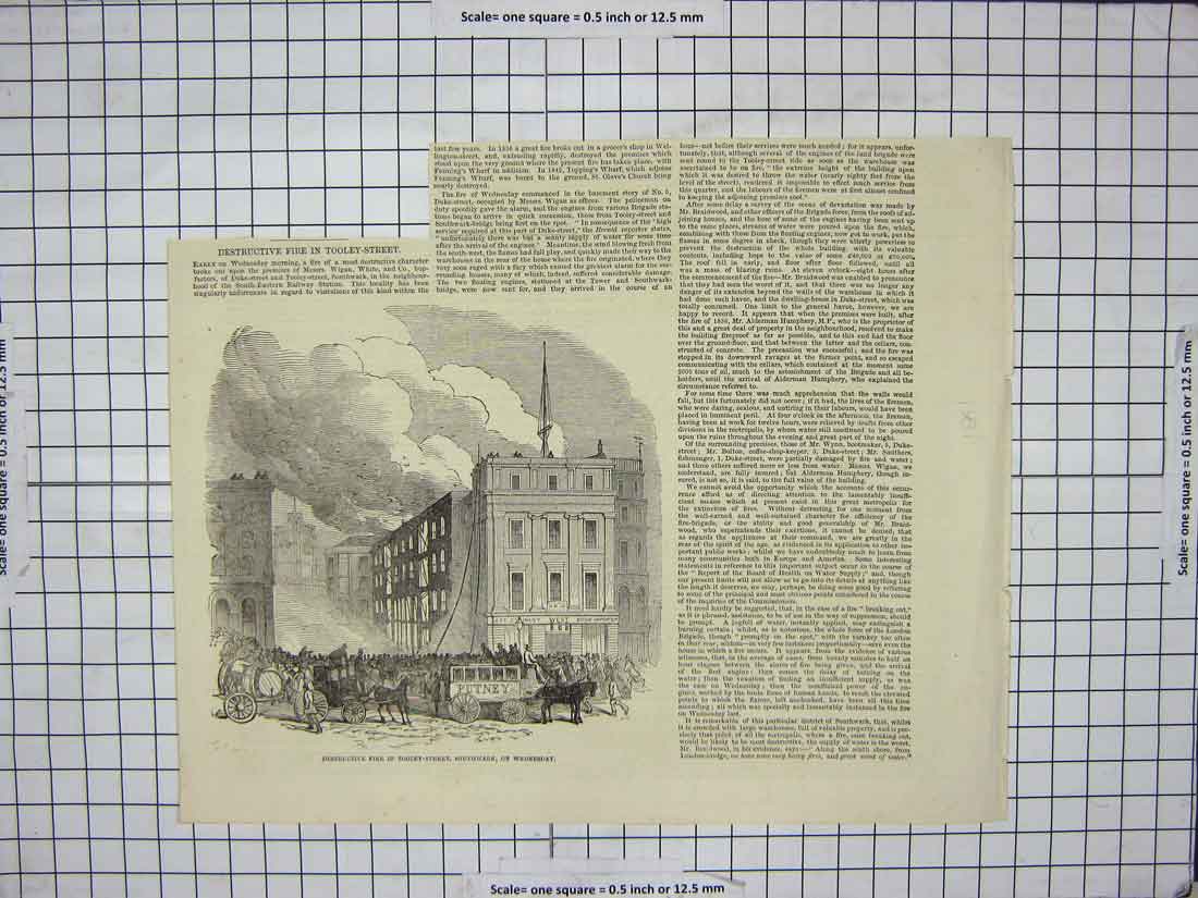 Original Old Antique Print Fire Tooley Street Southwark Wigan White Duke 1881