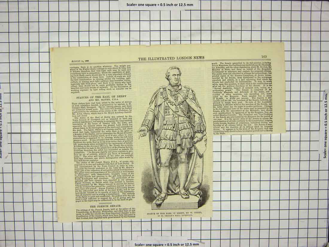 Original Old Antique Print 1869 Statue Earl Derby St. George'S Hall Liverpool