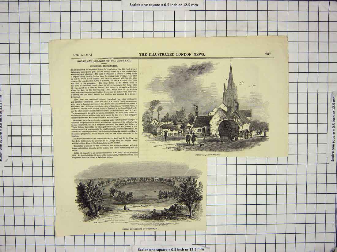 Old Antique Print 1847 Swinshead Lincolnshire Danish Encampment England 19th