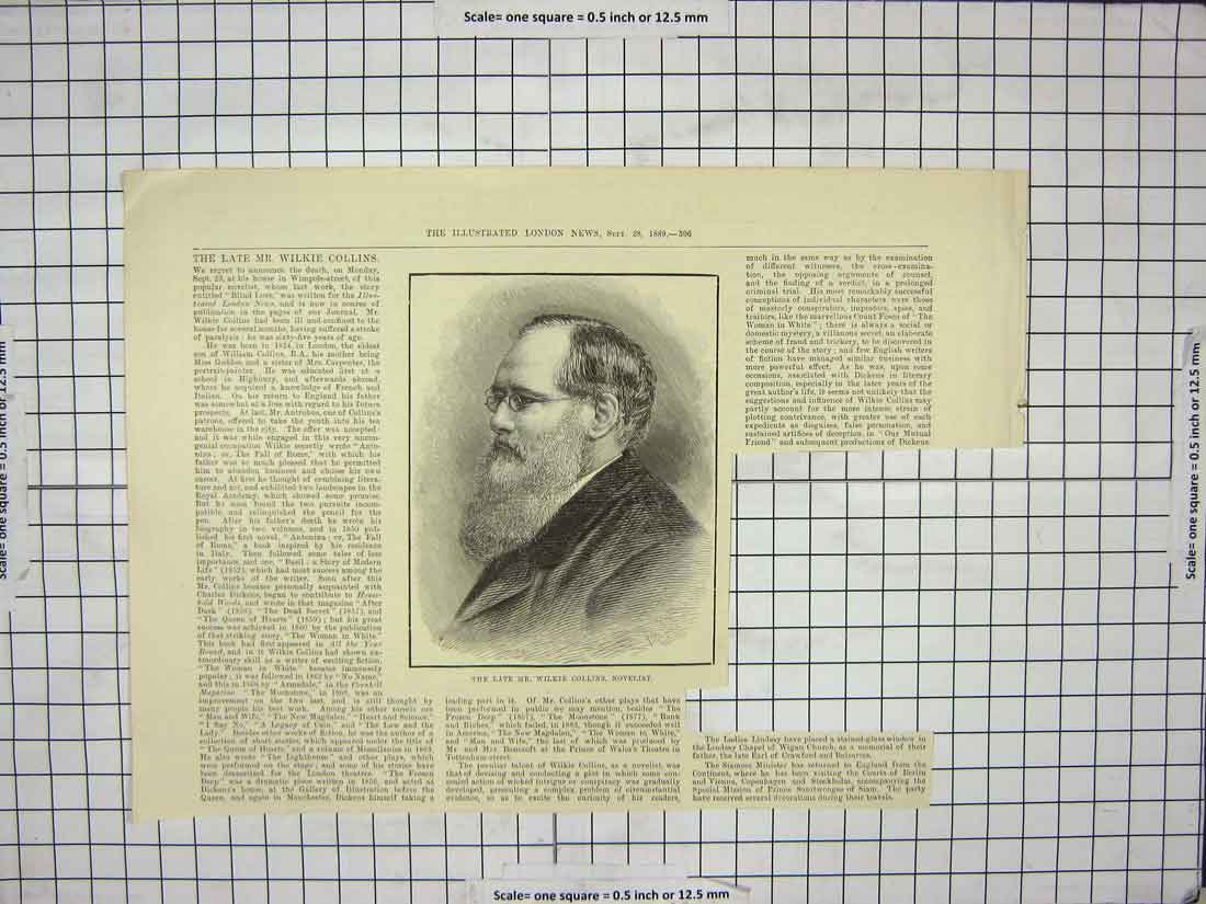 Original Old Antique Print 1889 Portrait Mr. Wilkie Collins Novelist Victorian