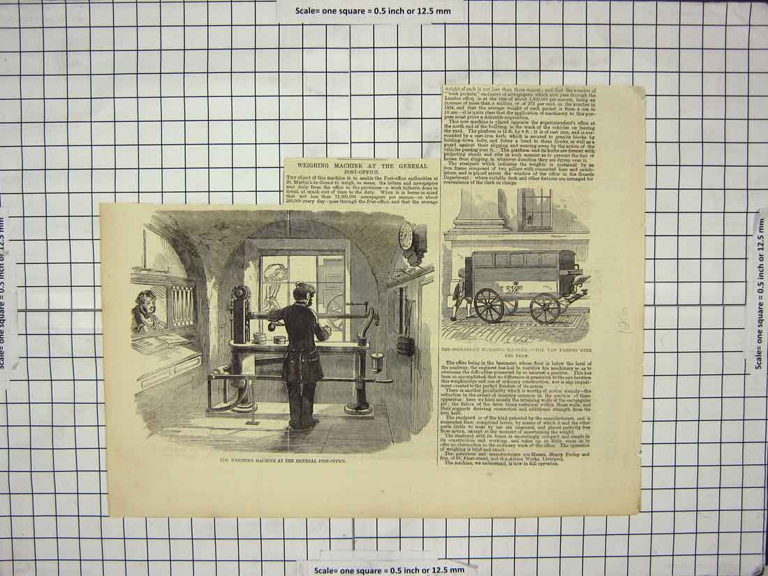 Original Old Antique Print 1866 Weighing Machine General Post Office Van Tram