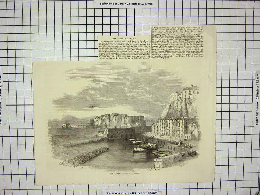 Original Old Antique Print 1867 View Castello Dell Uovo Naples Italy Victorian