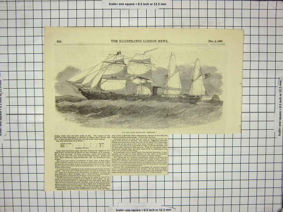 Original Old Antique Print 1852 New Screw Steam Ship Adelaide Sailing Victorian