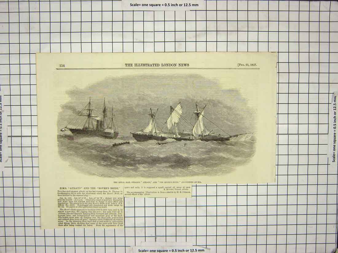 Original Old Antique Print 1857 Royal Mail Steamer Atrato Rover'S Bride Ship