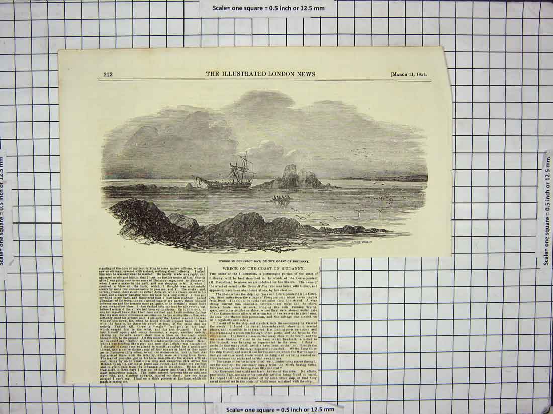 Original Old Antique Print 1854 Ship Wreck Correjou Bay Coast Brittany France