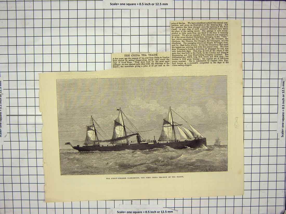 Original Old Antique Print Screw Steamer Glenartney China Tea Ship 1874 19th