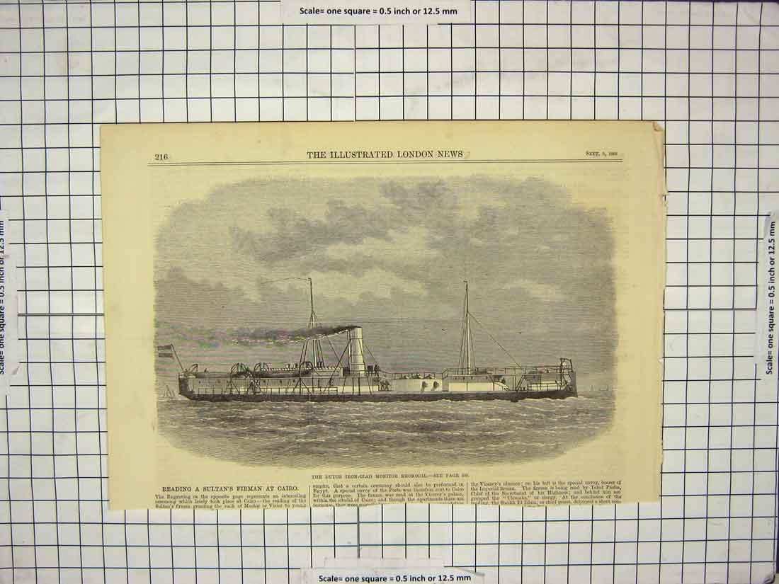 Original Old Antique Print 1868 Dutch Iron Clad Monitor Krokodil Ship Victorian