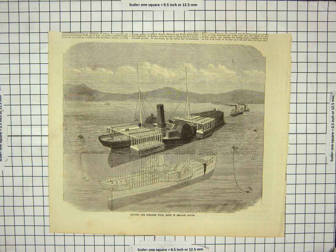 Original Old Antique Print Raising Steamer Wolf Sunk Belfast Lough Ireland Ship