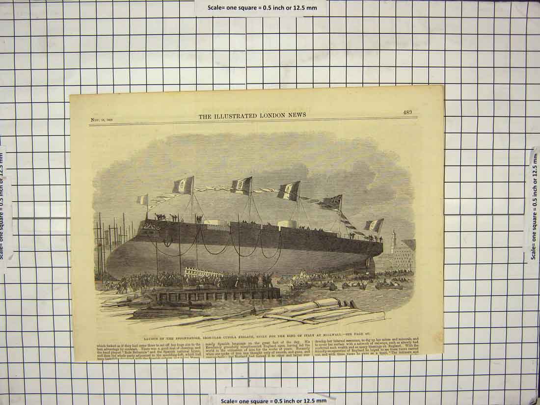 Old Antique Print 1865 Ship Iron-Clad Cupola Frigate Millwall King Italy 19th