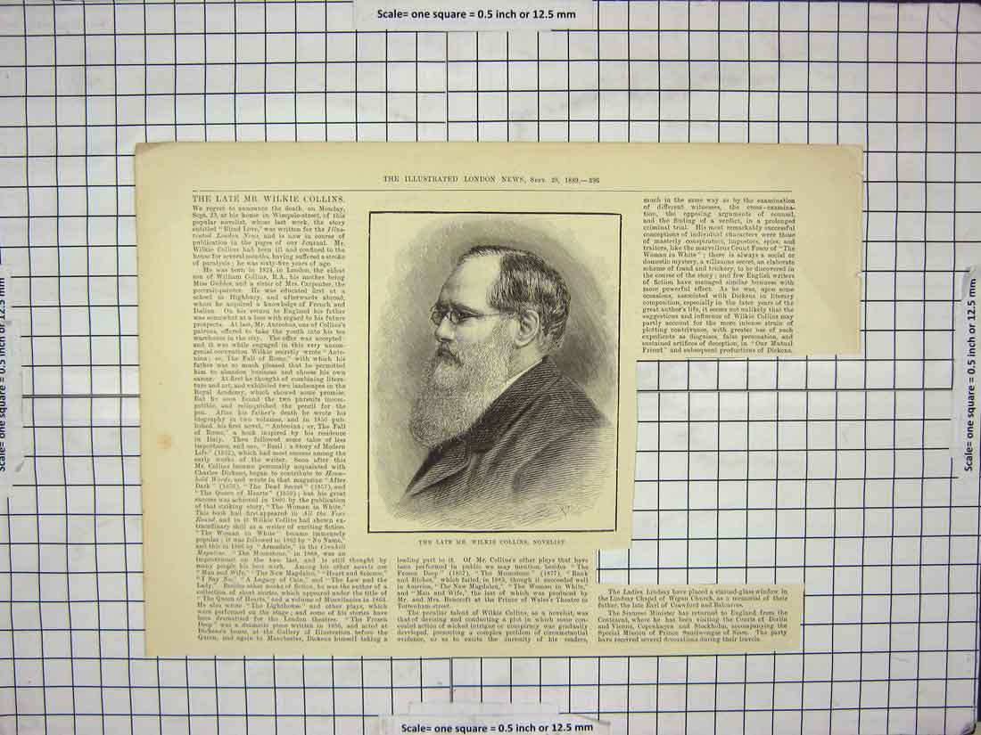 Original Old Antique Print 1889 Portrait Mr Wilkie Collins Novelsit Victorian