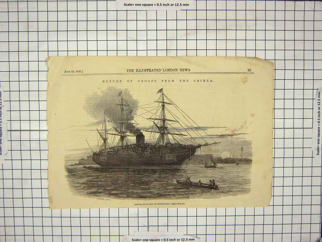 Original Old Antique Print 1856 Return Troops Crimea War Guards Portsmouth Ship