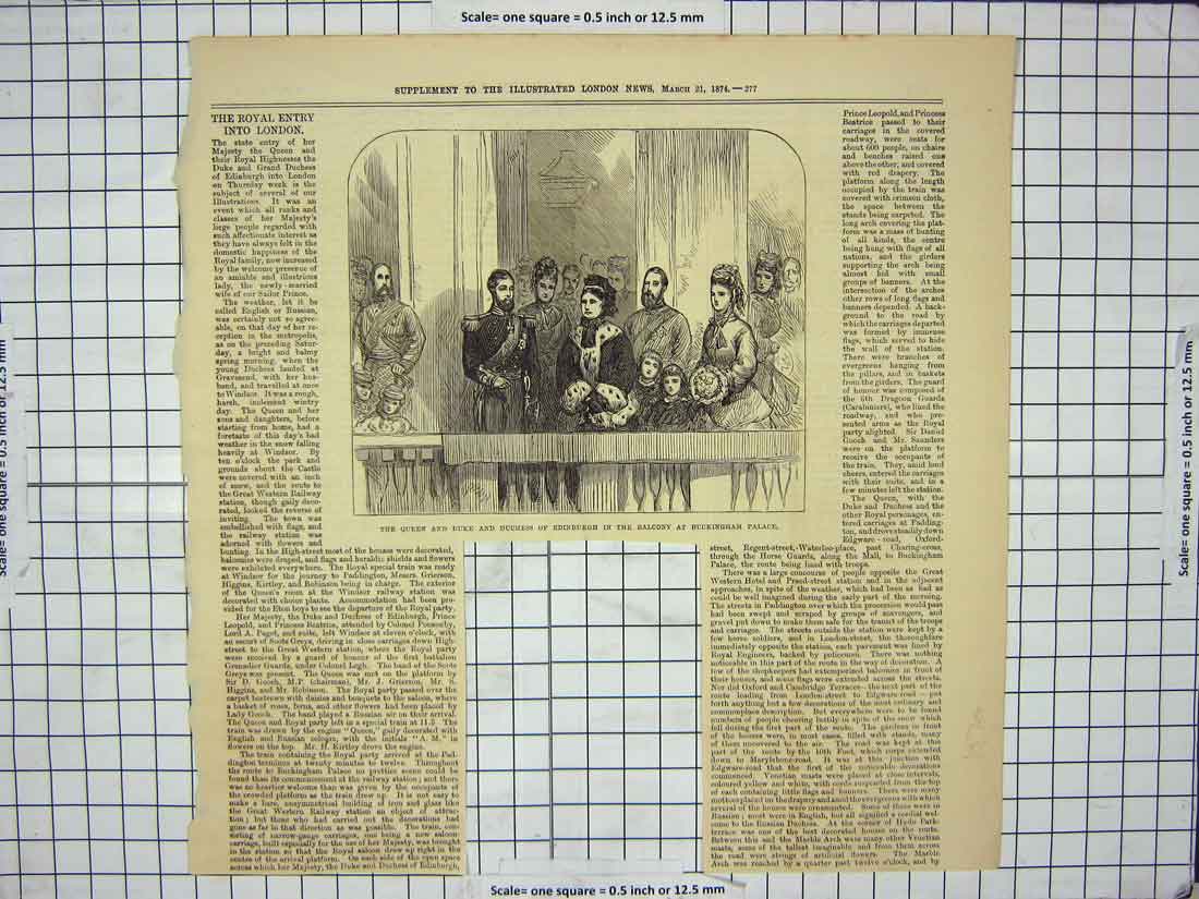 Original Old Antique Print 1874 Queen Duke Duchess Edinburgh Balcony Buckingham