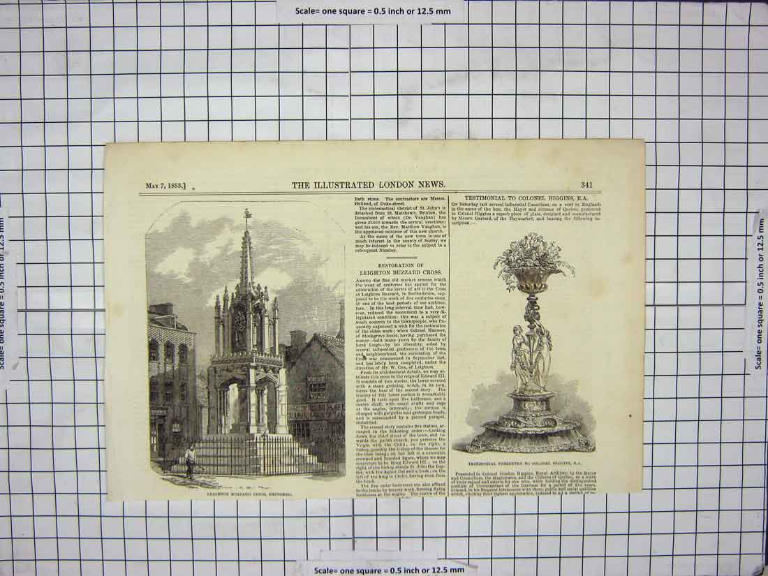 Old Antique Print 1853 Leighton Buzzard Cross Testimonial Colonel Higgins 19th