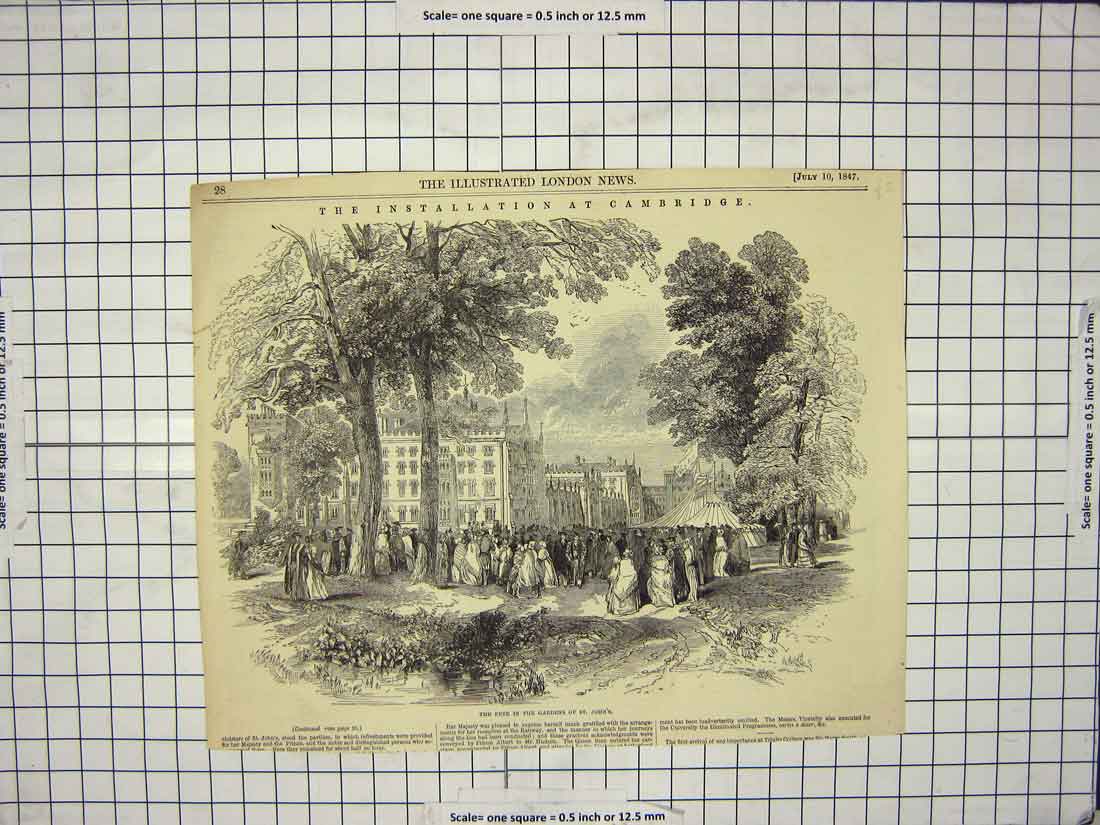 Original Old Antique Print 1847 Fete Gardens St. John'S Installation Cambridge