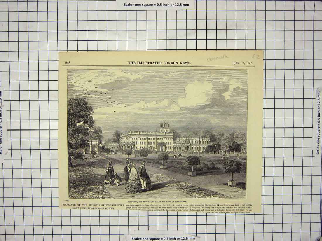 Original Old Antique Print 1847 Trentham Duke Sutherland Newcastle England 19th