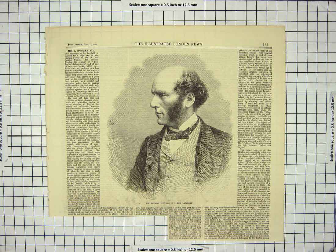 Original Old Antique Print 1866 Portrait Mr. Thomas Hughes Parliament Lambeth