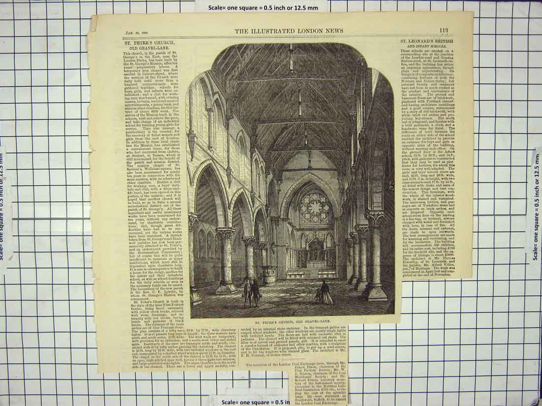 Original Old Antique Print 1869 St. Peter'S Church Gravel Lane London England