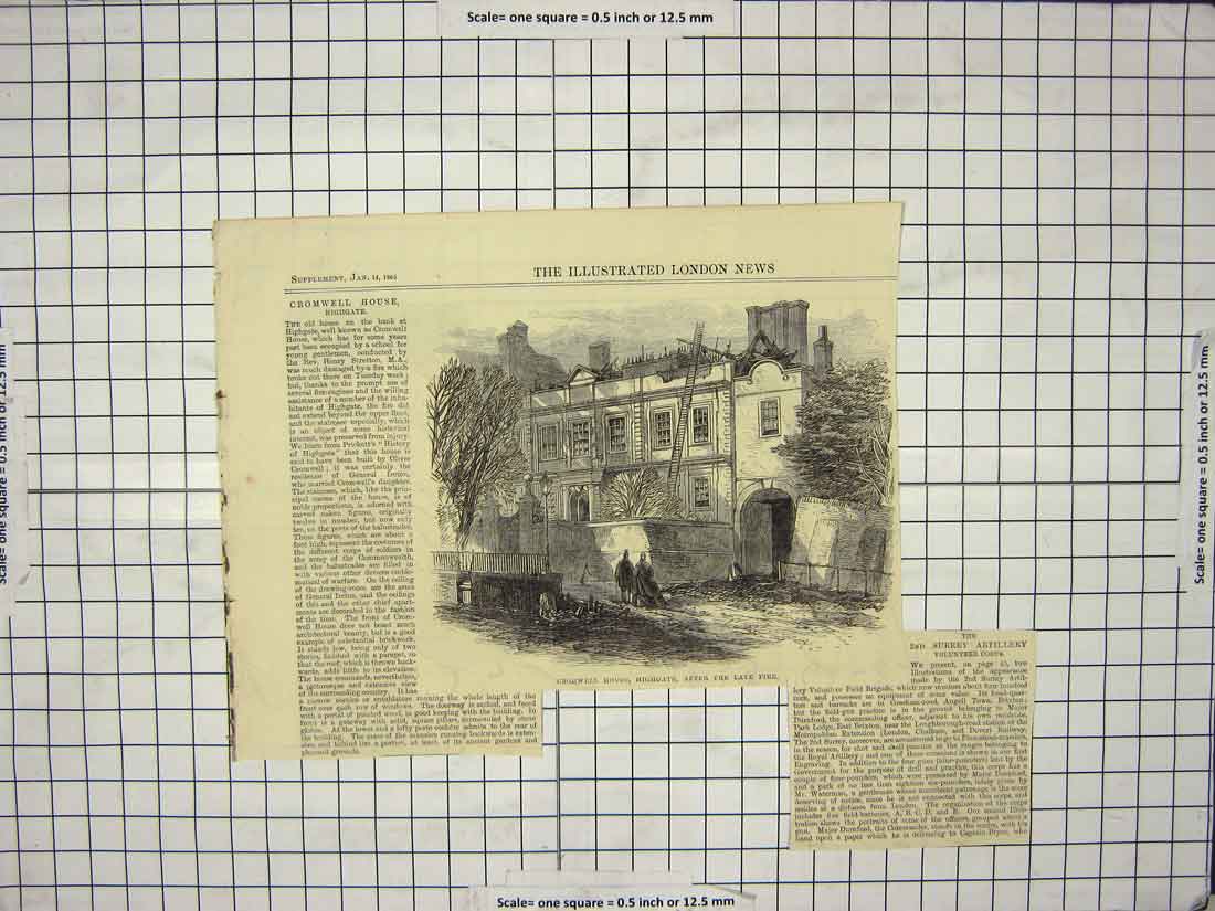 Original Old Antique Print 1865 Cromwell House Highgate Fire School Stretton