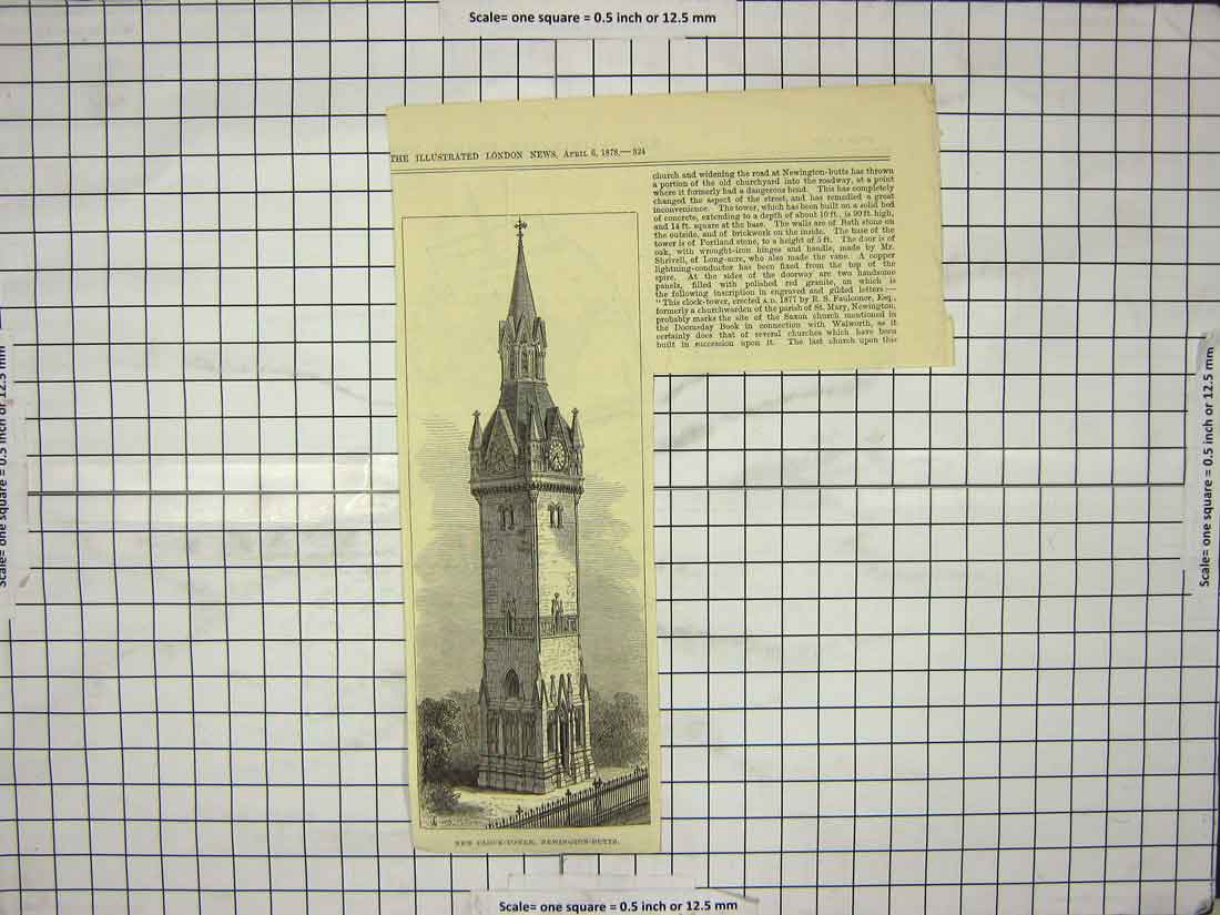Original Old Antique Print 1878 New Clock Tower Newington-Butts Architecture