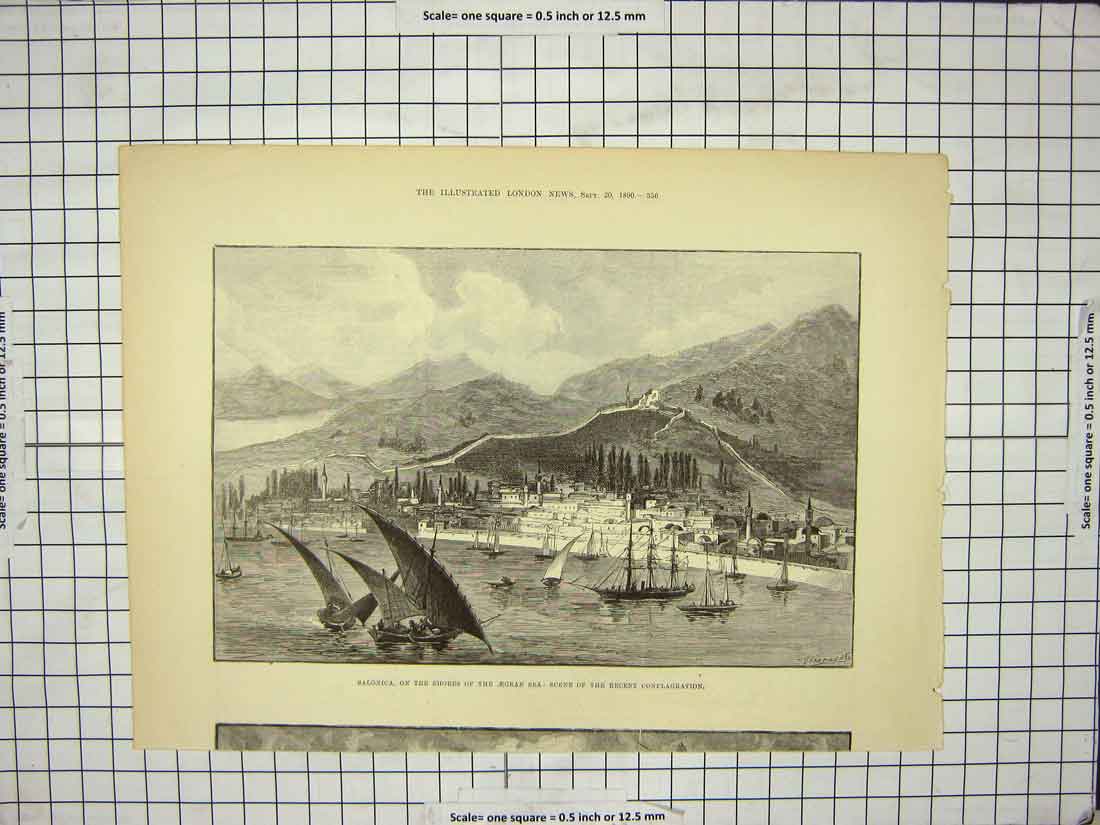 Original Old Antique Print 1890 Salonica Aegean Sea Conflagration Ships Yachts