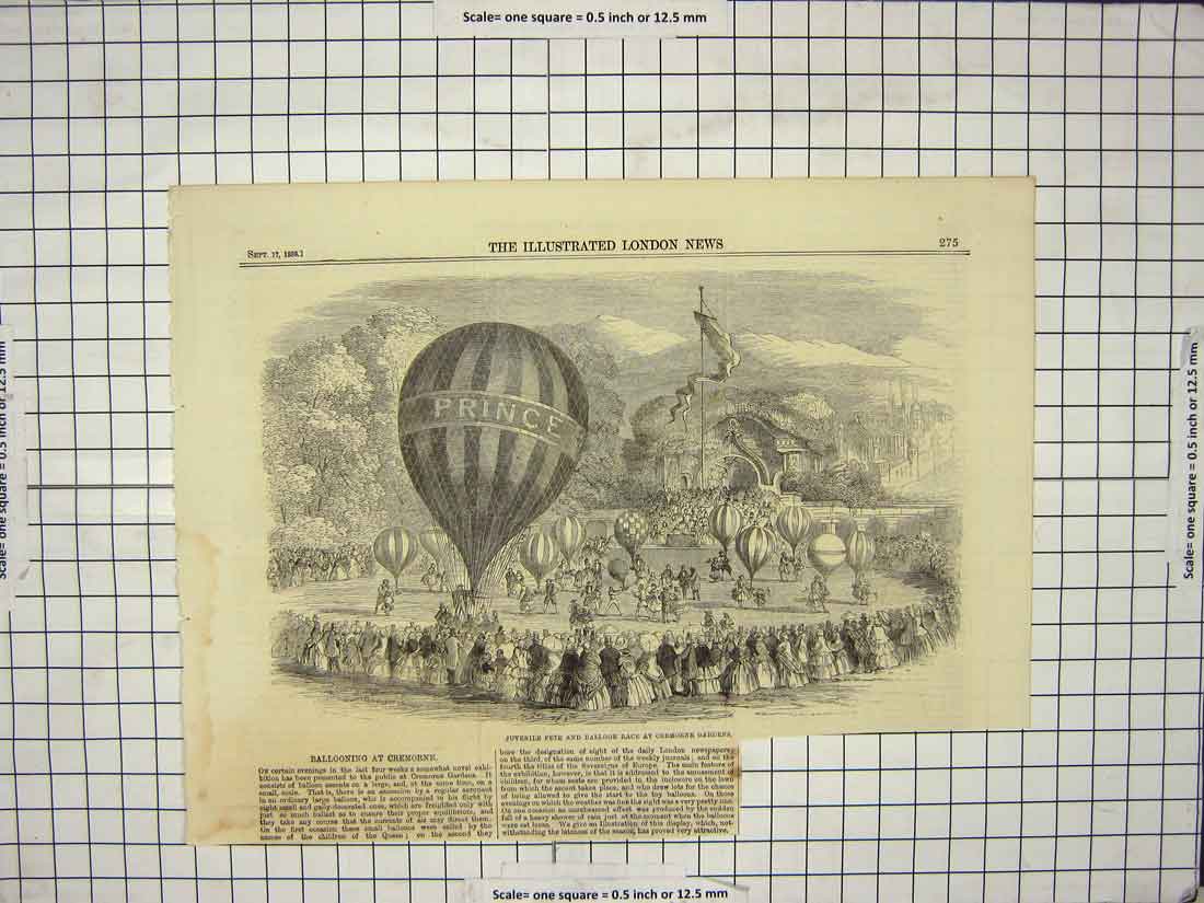 Original Old Antique Print 1859 Juvenile Fete Balloon Race Cremorne Gardens