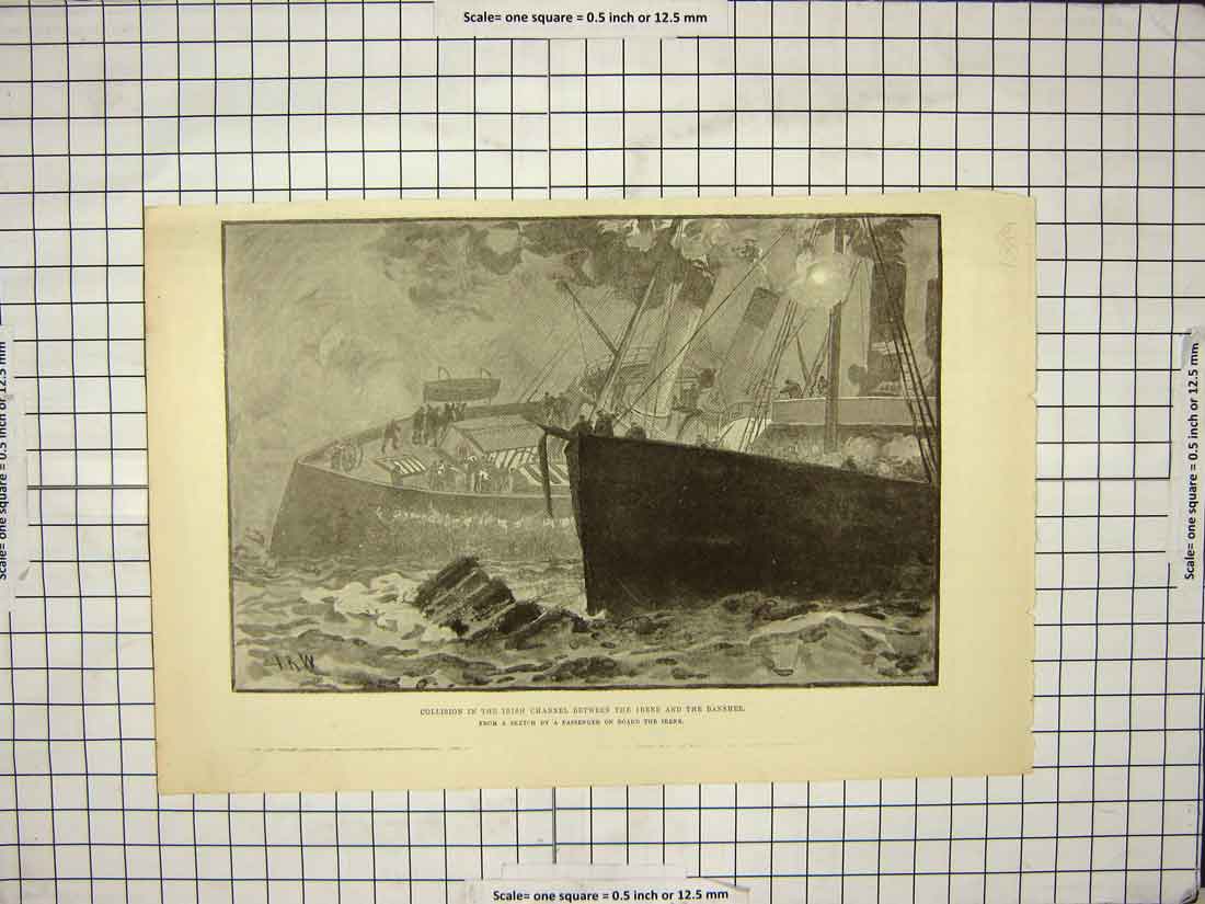 Original Old Antique Print 1889 Collision Irish Channel Irene Banshee Ships