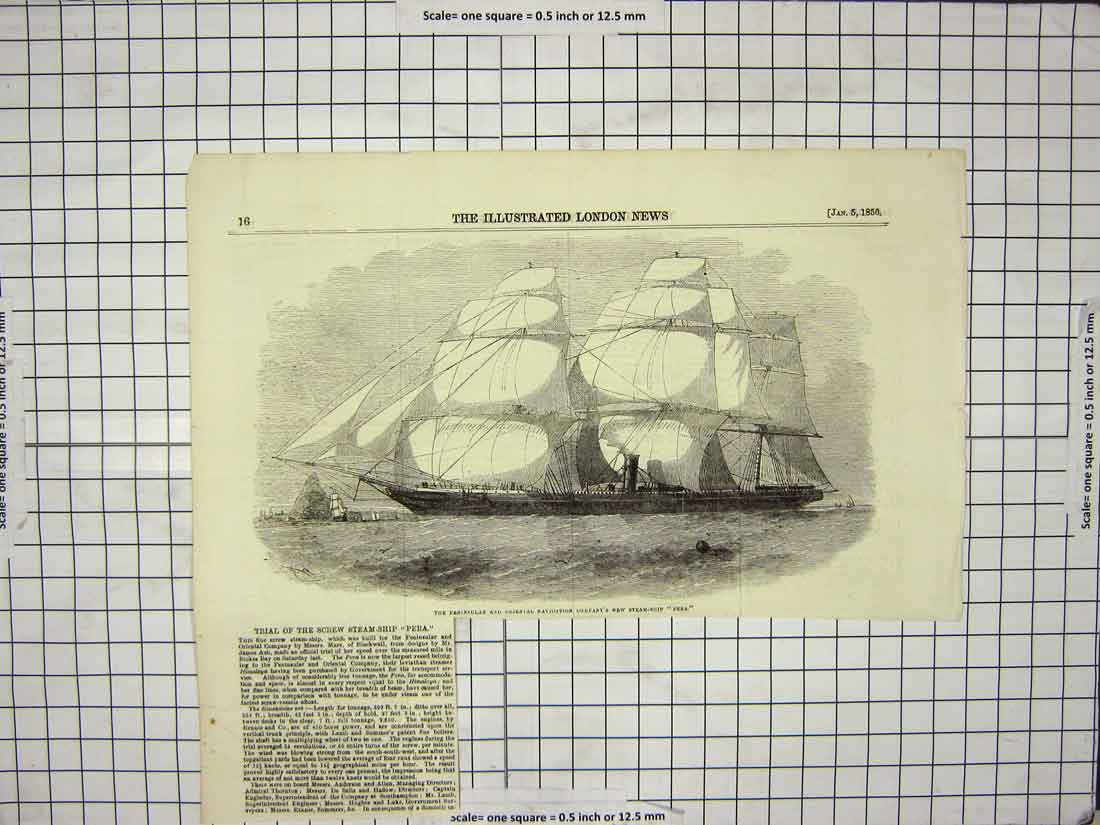 Original Old Antique Print 1856 Peninsular Oriental Navigation Steam Ship Pera