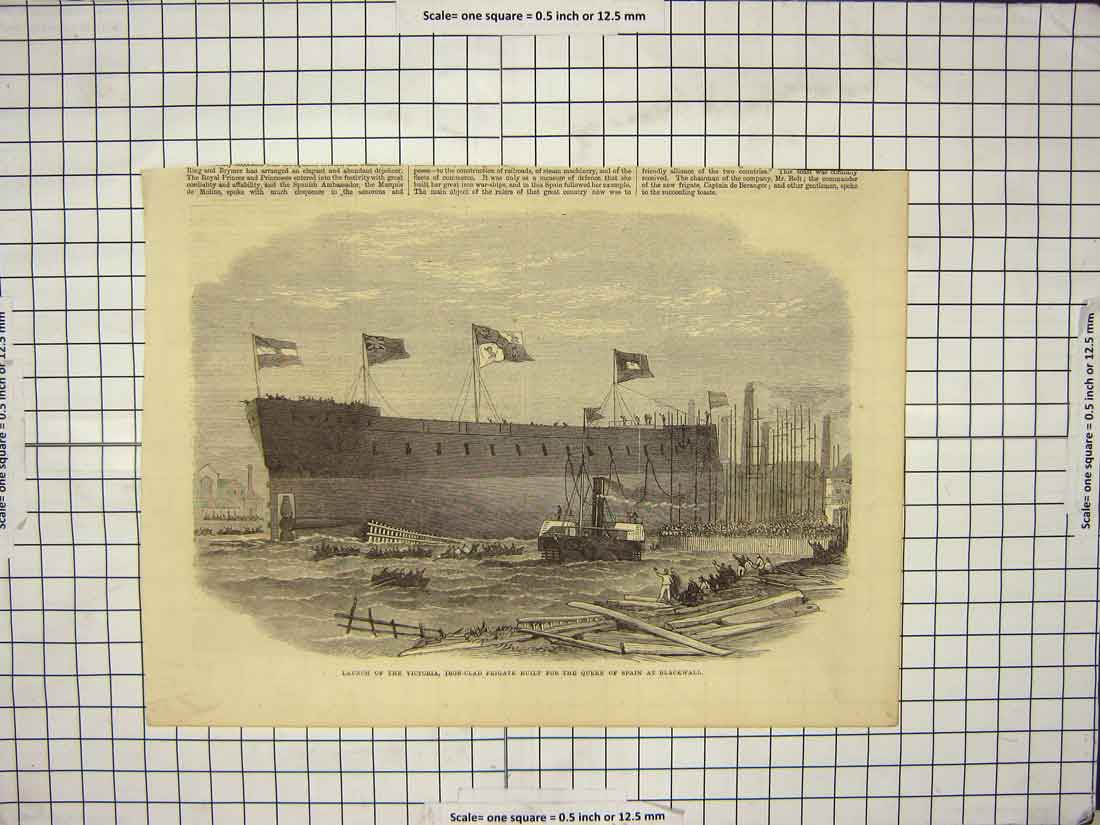 Old Antique Print Launch Victoria Iron-Clad Frigate Queen Spain Blackwall 20th