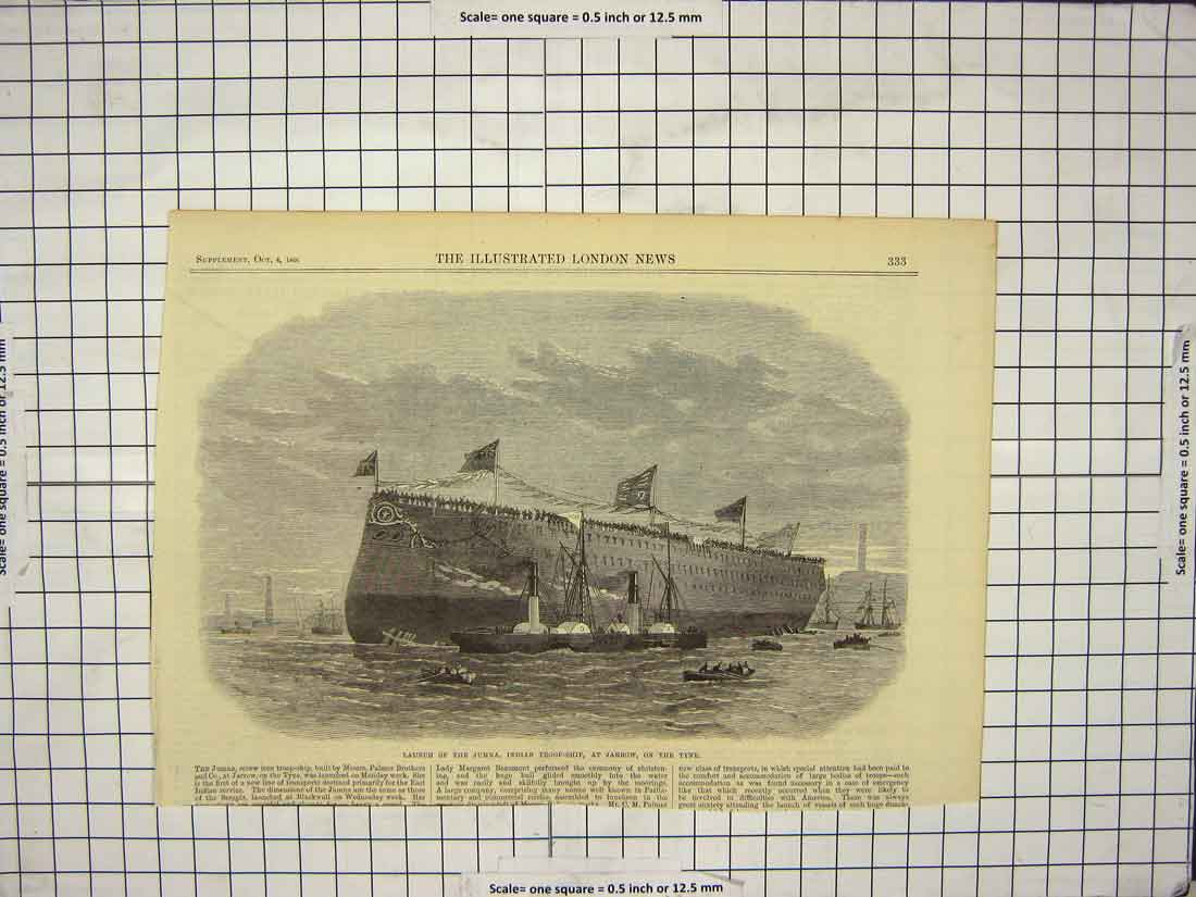 Original Old Antique Print 1866 Launch Jumna Indian Troop Ship Jarrow Tyne 19th