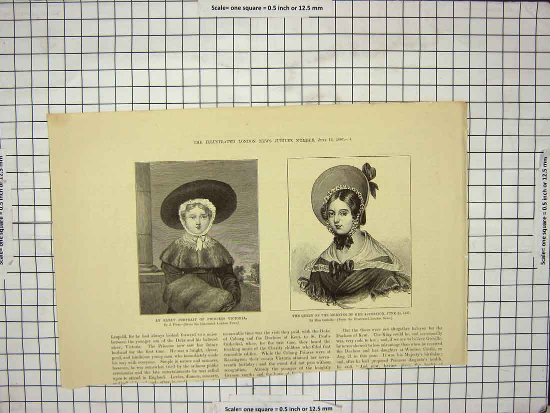 Old Antique Print 1887 Princess Victoria Queen Accession Royal Portrait 19th