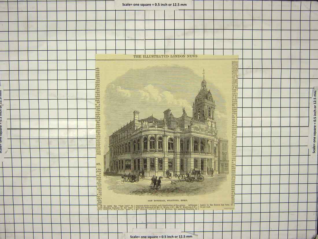 Original Old Antique Print Townhall Stratford Essex England Architecture