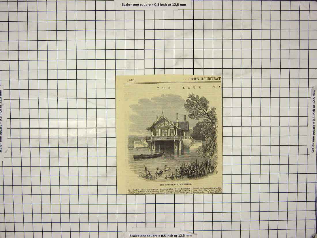Original Old Antique Print Boat House Knowsley Lake Swans