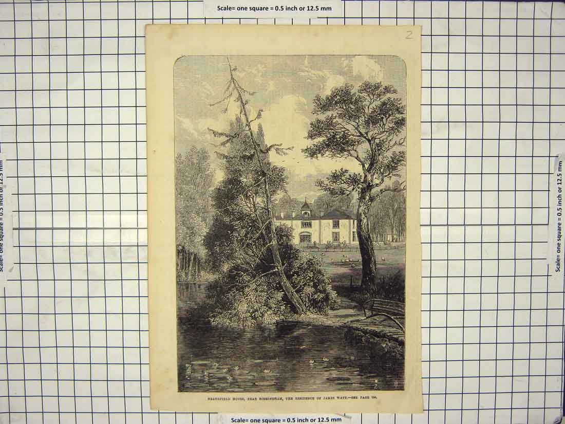 Original Old Antique Print Heathfield House Birmingham Residence James Watt
