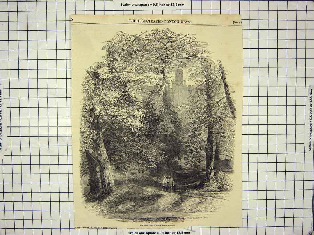 Original Old Antique Print Windsor Castle Slopes London England Architecture