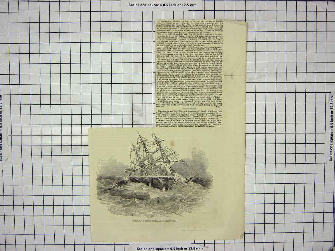 Original Old Antique Print Ship Wreck Dutch Indiaman Pevensey Bay